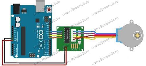 схема подключения драйвера ULN2003 платы Arduino UNO R3 и двигателя 28BYJ-48-5V