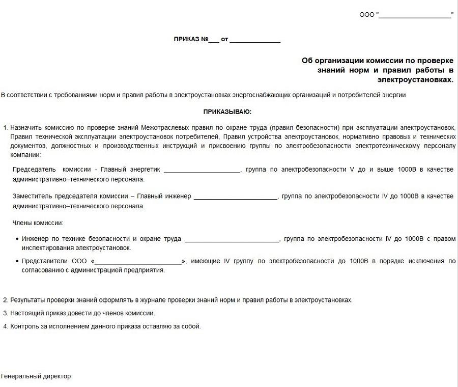 Пример приказа о создании на предприятии комиссии по электробезопасности