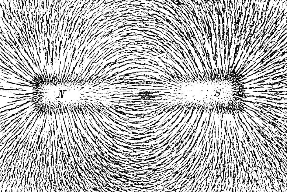 Рассмотрите изображение магнитных полей между полюсами магнитов полученные с помощью железных опилок