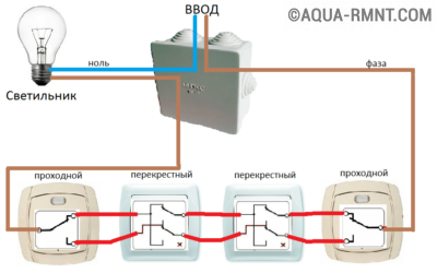 Схема управления освещением из 4-х точек