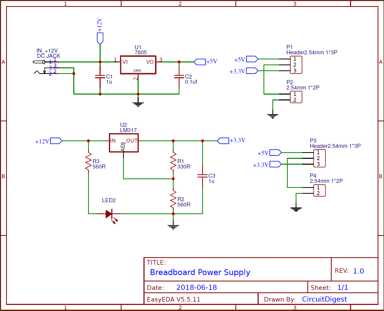 Circuit Diagram for DIY Breadboard Power Supply Circuit on PCB