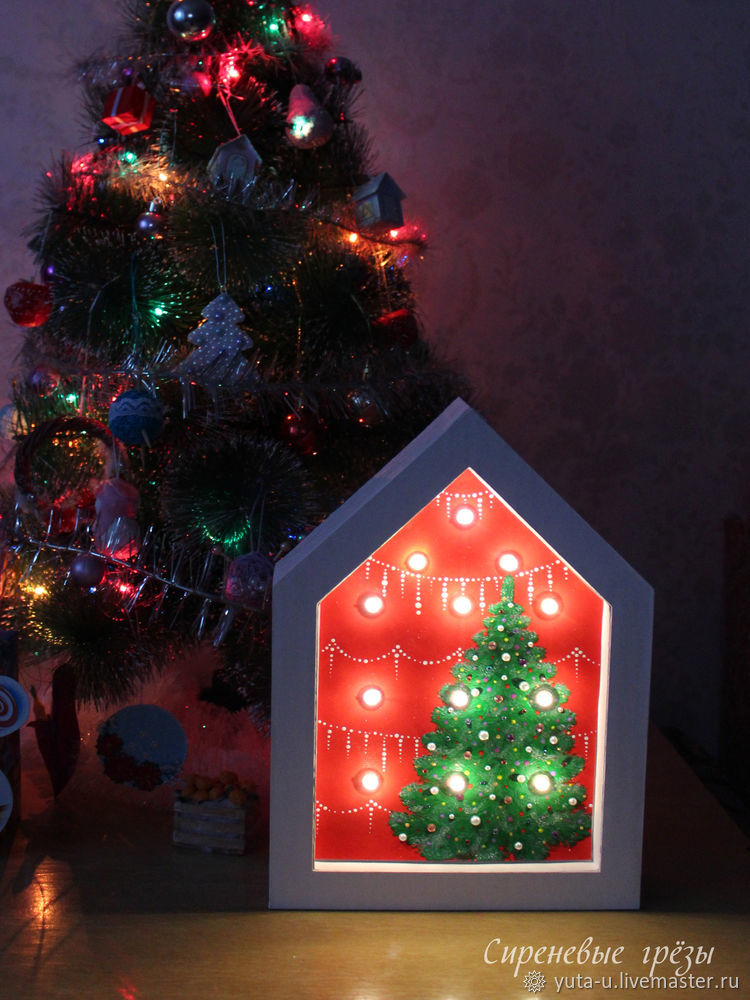 Создаём ночник «Новогодний домик» из гирлянды и гофрокартона, фото № 32