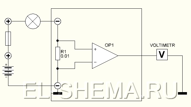 Электрическая схема мощного амперметра на ОУ
