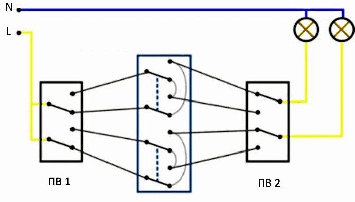 схема проходного переключателя двухклавишного