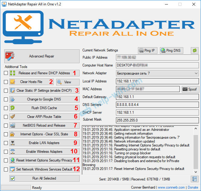 Работа с программой NetAdapter Repair в Windows