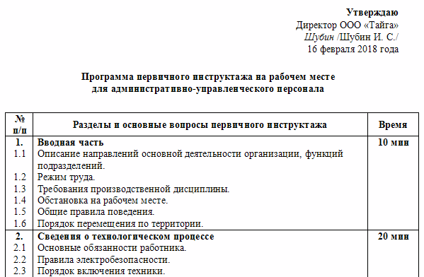 Программа первичного инструктажа на рабочем месте