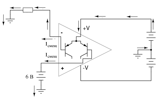 Пути протекания входных токов смещения в схеме на операционном усилителе