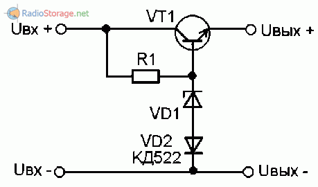 Принципиальная схема параметрического стабилизатора напряжения, дополненного диодом