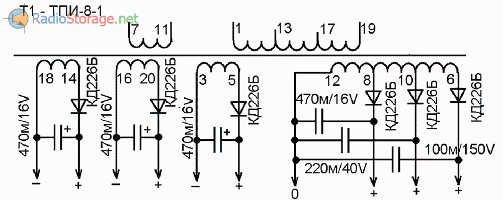 Схема выпрямителей на вторичных обмотках трансформатора ТПИ-8-1