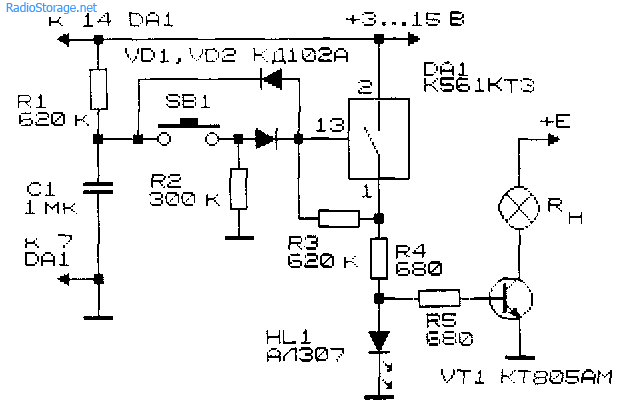Схема КМОП-коммутатора с однокнопочным управлением и разомкнутой кнопкой