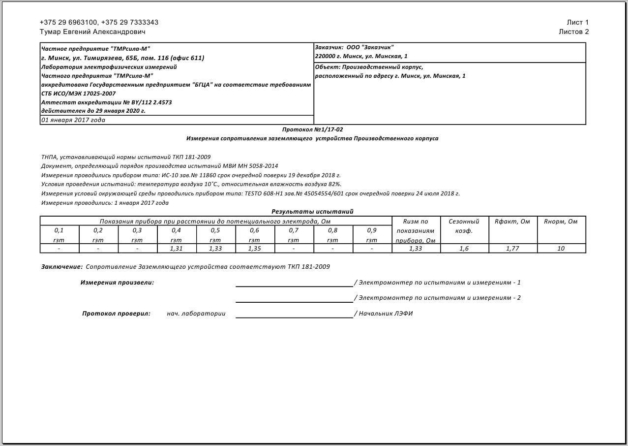 фото протокола измерение сопротивления молниезащиты
