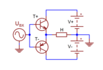 Упрощённая структурная схема двухтактного эмиттерного повторителя на комплементарных биполярных транзисторах с двухполярным питанием и непосредственной связью с нагрузкой