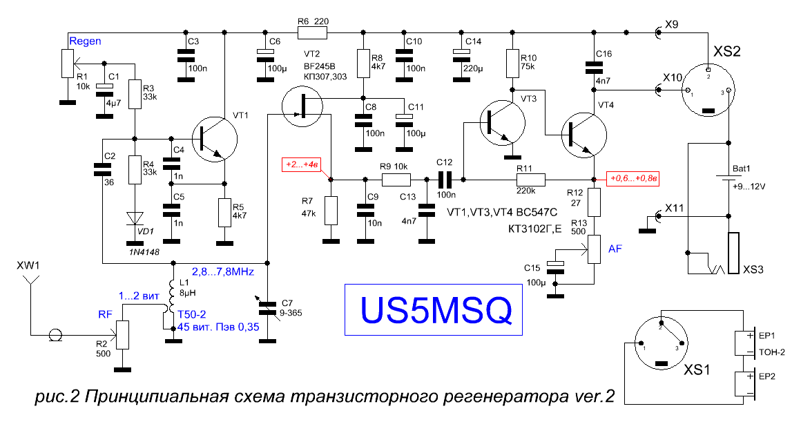 рис.2 Транзисторный регенератор 2,8-7,8Мгц