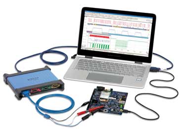 Typical USB PC based oscilloscope with computer and test board
