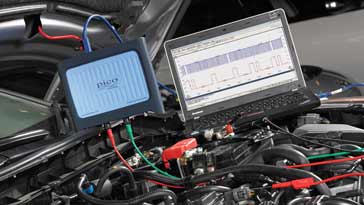 USB PC based oscilloscope used to test an automotive engine